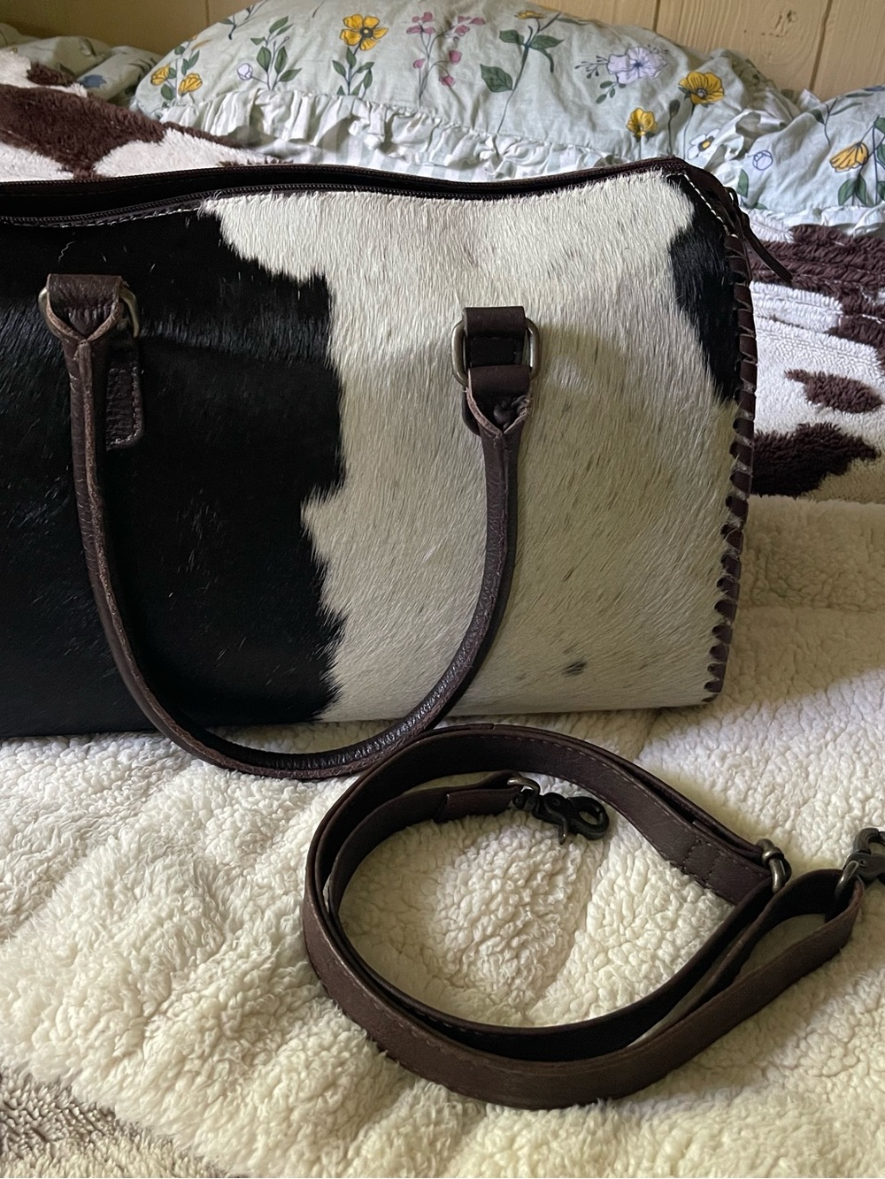 Leather & Cowhide Satchel Bag - Black and White